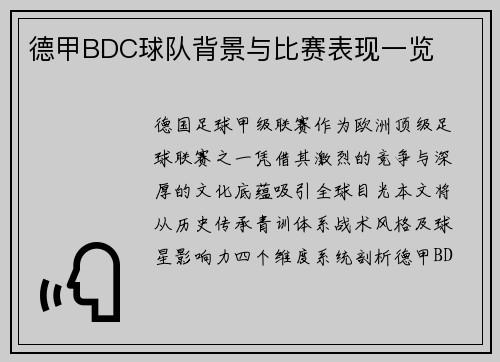 德甲BDC球队背景与比赛表现一览