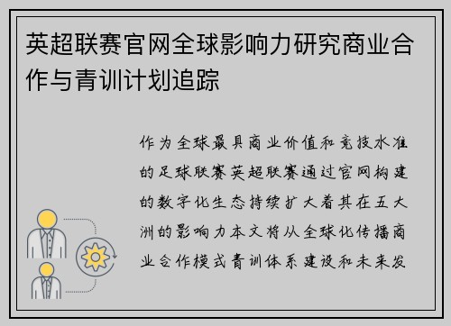 英超联赛官网全球影响力研究商业合作与青训计划追踪